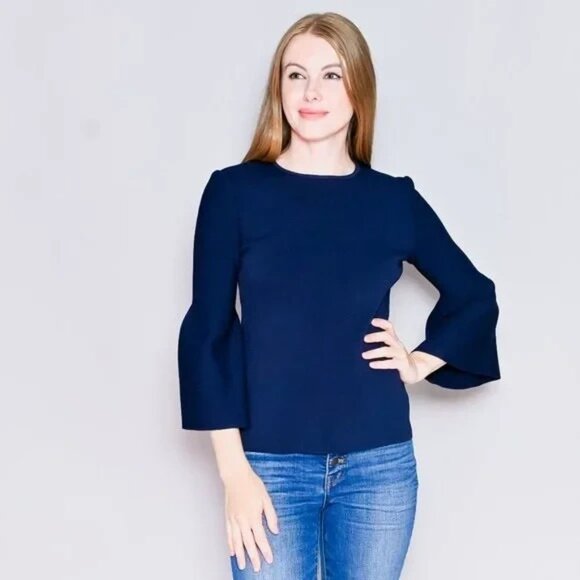 $1295 Perfect current ST. JOHN Navy Blue Knit Trumpet Sleeve Top womens Large L - Picture 1 of 8